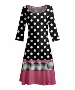 Lily | Black & Pink Polka Dot Long-Sleeve Boatneck A-Line Dress - Women