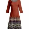 Lily | Rust & Blue Geometric Long-Sleeve Boatneck A-Line Dress - Women