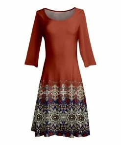 Lily | Rust & Blue Geometric Long-Sleeve Boatneck A-Line Dress - Women