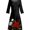 Lily | Black & Red Floral Long-Sleeve Boatneck A-Line Dress - Plus