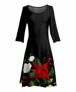 Lily | Black & Red Floral Long-Sleeve Boatneck A-Line Dress - Plus