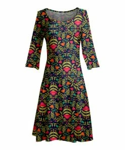 Lily | Navy & Red Floral Long-Sleeve Boatneck A-Line Dress - Plus
