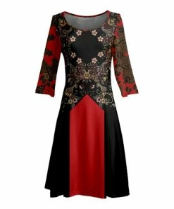Lily | Black & Red Color Block Floral Long-Sleeve Boatneck A-Line Dress - Women