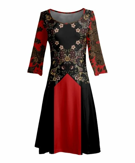 Lily | Black & Red Color Block Floral Long-Sleeve Boatneck A-Line Dress - Women 1 Lily | Black & Red Color Block Floral Long-Sleeve Boatneck A-Line Dress - Women
