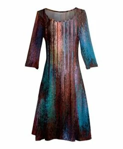 Lily | Rust & Blue Abstract Long-Sleeve Boatneck A-Line Dress - Women