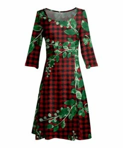 Lily | Red & Green Gingham Floral Long-Sleeve Boatneck A-Line Dress - Women