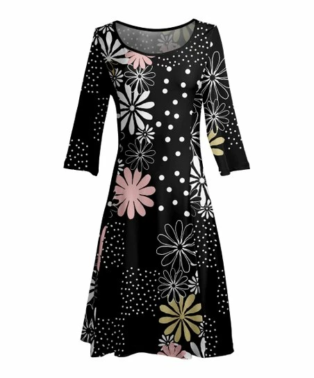 Lily | Black & Pink Floral Long-Sleeve Boatneck A-Line Dress - Plus 1 Lily | Black & Pink Floral Long-Sleeve Boatneck A-Line Dress - Plus