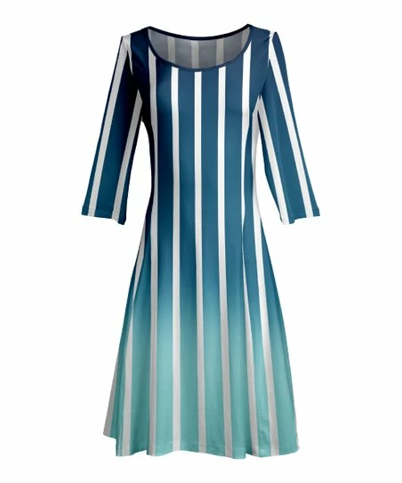Lily | Blue & White Stripe Fade Long-Sleeve Boatneck A-Line Dress - Plus 1 Lily | Blue & White Stripe Fade Long-Sleeve Boatneck A-Line Dress - Plus