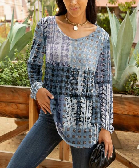 Lily | Blue & Navy Abstract Patchwork Long-Sleeve Tunic - Women & Plus 1 Lily | Blue & Navy Abstract Patchwork Long-Sleeve Tunic - Women & Plus