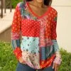 Lily | Red & Yellow Floral Patchwork V-Neck Tunic - Women