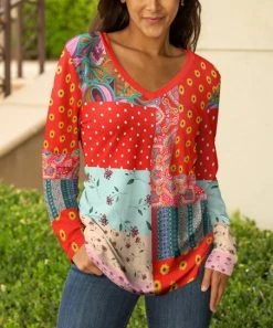 Lily | Red & Yellow Floral Patchwork V-Neck Tunic - Women