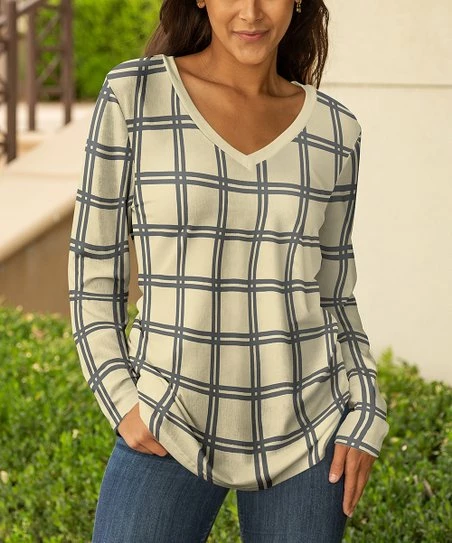 Lily | Cream & Gray Windowpane V-Neck Tunic - Women & Plus 1 Lily | Cream & Gray Windowpane V-Neck Tunic - Women & Plus