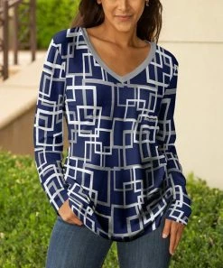 Lily | Navy & White Geometric V-Neck Tunic - Women & Plus