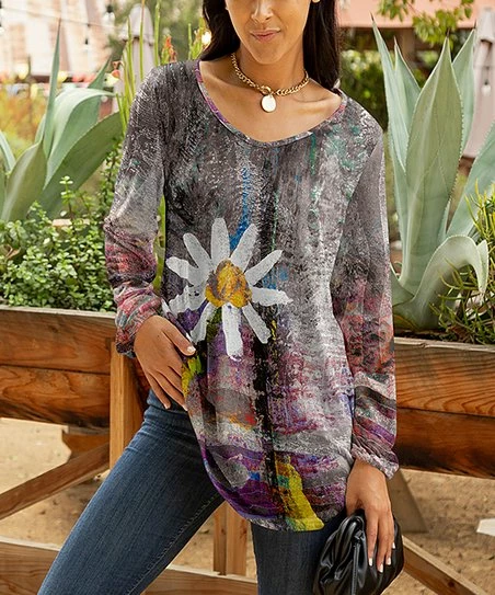 Lily | Gray & Taupe Floral Long-Sleeve Tunic - Women & Plus 1 Lily | Gray & Taupe Floral Long-Sleeve Tunic - Women & Plus