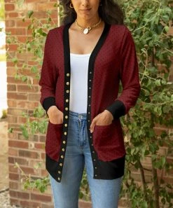 Lily | Red & Black Dot Snap-Button V-Neck Cardigan - Women