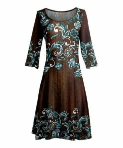 Lily | Brown & Teal Floral Long-Sleeve Boatneck A-Line Dress - Women