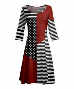 Lily | Red & Black Pin Dot Stripe Long-Sleeve Boatneck A-Line Dress - Women