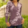 Lily | Mauve & Pink Floral Long-Sleeve Button-Up Notch Neck Tunic - Women