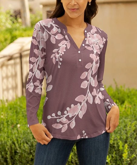 Lily | Mauve & Pink Floral Long-Sleeve Button-Up Notch Neck Tunic - Women 1 Lily | Mauve & Pink Floral Long-Sleeve Button-Up Notch Neck Tunic - Women