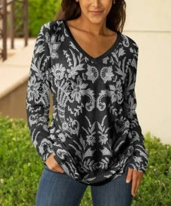 Lily | Black & Gray Damask V-Neck Tunic - Women & Plus