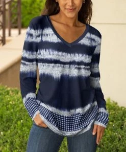 Lily | Navy & White Tie-Dye Stripe V-Neck Tunic - Women & Plus