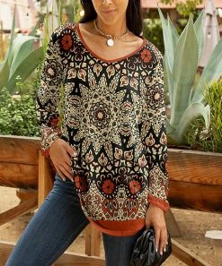 Lily | Rust & Beige Mandala Long-Sleeve V-Neck Tunic - Women & Plus