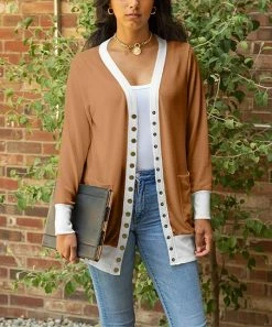 Lily | Rust & White Color Block Snap-Button Cardigan - Women