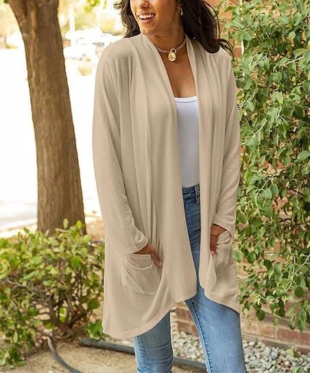 Lily | Cream Beige Pocket Open Cardigan - Women & Plus 1 Lily | Cream Beige Pocket Open Cardigan - Women & Plus