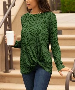Lily | Green & Black Dot Twist-Front Long-Sleeve Tunic - Women & Plus