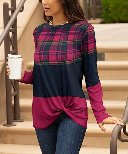 Lily | Pink & Navy Plaid Twist-Hem Long-Sleeve Tunic - Women & Plus 1 Lily | Pink & Navy Plaid Twist-Hem Long-Sleeve Tunic - Women & Plus