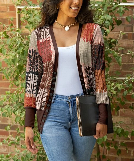Lily | Brown & Orange Abstract Snap-Button Cardigan - Plus 1 Lily | Brown & Orange Abstract Snap-Button Cardigan - Plus