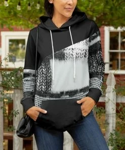 Lily | Black & Gray Abstract Color Block Kangaroo-Pocket Hoodie - Plus