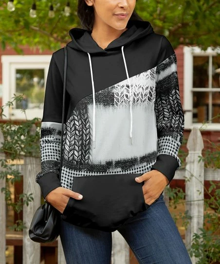 Lily | Black & Gray Abstract Color Block Kangaroo-Pocket Hoodie - Plus 1 Lily | Black & Gray Abstract Color Block Kangaroo-Pocket Hoodie - Plus