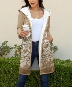 Lily | Beige & White Floral Pocket Hooded Button-Up Jacket - Women