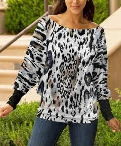Lily | White & Black Abstract Animal-Print Boatneck Pullover - Women