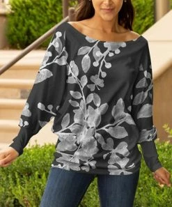 Lily | Dark Gray Foliage Boatneck Pullover - Women