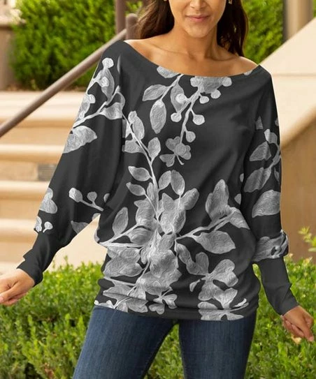 Lily | Dark Gray Foliage Boatneck Pullover - Women 1 Lily | Dark Gray Foliage Boatneck Pullover - Women