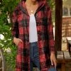 Lily | Red & Black Plaid Velvet Longline Hooded Button-Up Cardigan - Women