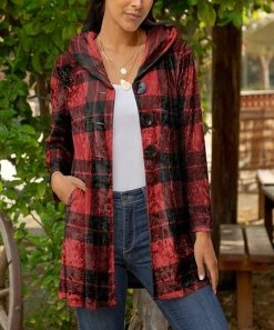 Lily | Red & Black Plaid Velvet Longline Hooded Button-Up Cardigan - Women