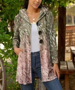 Lily | Green & Cream Leaves Velvet Longline Hooded Button-Up Cardigan - Women