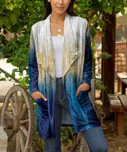 Lily | Navy & Goldtone Ombré Velvet Shawl Collar Open Cardigan - Plus