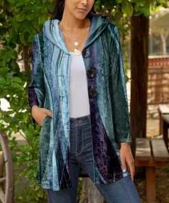 Lily | Aqua & Purple Abstract Velvet Longline Hooded Button-Up Cardigan - Women & Plus