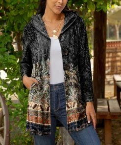 Lily | Black & Brown Paisley Velvet Longline Hooded Button-Up Cardigan - Women & Plus