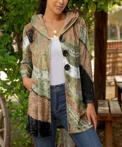 Lily | Black & Cream Abstract Velvet Longline Hooded Button-Up Cardigan - Women