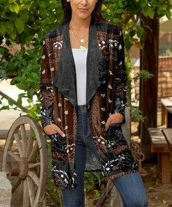 Lily | Black & Brown Floral Paisley Velvet Shawl Collar Open Cardigan - Plus