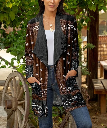 Lily | Black & Brown Floral Paisley Velvet Shawl Collar Open Cardigan - Plus 1 Lily | Black & Brown Floral Paisley Velvet Shawl Collar Open Cardigan - Plus