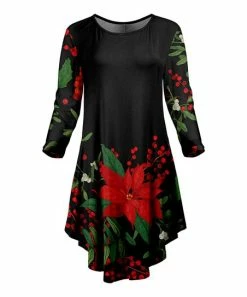 Lily | Black & Red Holly Asymmetrical-Hem Long-Sleeve Dress - Plus