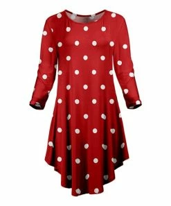 Lily | Red & White Polka Dot Asymmetrical-Hem Long-Sleeve Dress - Plus