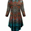 Lily | Rust & Teal Geometric Asymmetrical-Hem Long-Sleeve Dress - Plus
