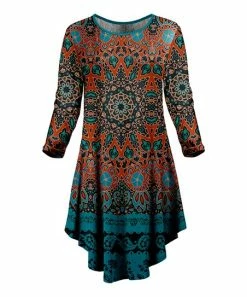 Lily | Rust & Teal Geometric Asymmetrical-Hem Long-Sleeve Dress - Plus